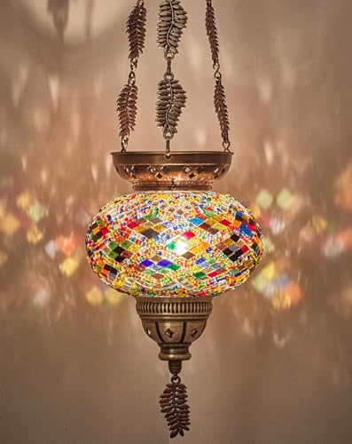 DEMMEX Turkish Moroccan Tiffany Glass Mosaic Hanging Candle Holder Lantern with Handmade Colorful Glass Globe and Metal Leaf Chains, 60 cm (Multicolor)