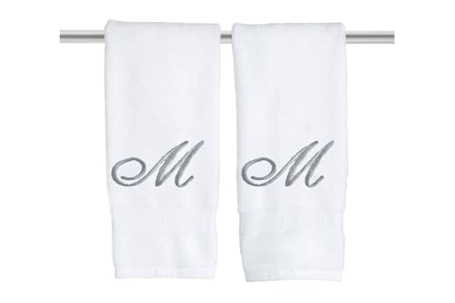 Decorvo White Monogrammed Hand Towels for Bathroom - Luxury Hotel Quality Personalized Initial Embroidered Towel for Powder Room, Spa - GOTS Organic Certified - Pack of 2 Silver, Letter M