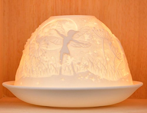 Nordic Lights Fairy Porcelain Tealight Holder Dome - Candle Holder Projecting 3D Image Use With Scented Candle, LED Light - Living Room Decor Lights - Shade & Plate Set with Gift Box