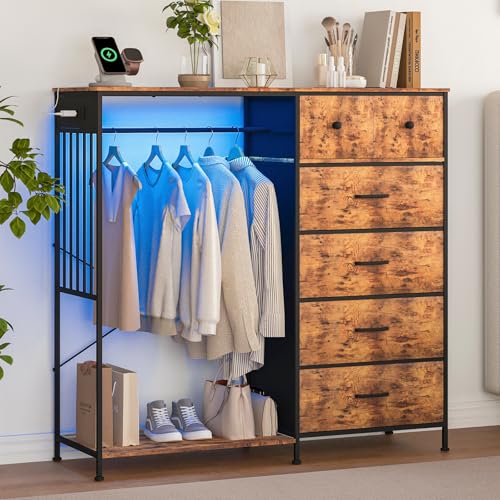 "GarveeLife 49.2"" w Drawer Cabinet with Hanging Rod - Metal Frame Drawer Cabinet, 6 Drawer Storage Cabinet, Led Lights & Charging Station, Non-Woven Fabric, Space-Saving Storage, Brown"