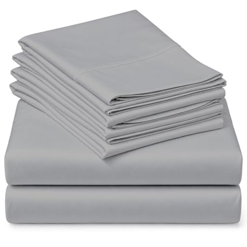 "Mattress-Homes Extra Deep Pocket 6 Piece Queen Sheet Set, Hotel Luxury Collection, 100% Egyptian Cotton, 21"" Deep Fitted Sheet, Soft, Cool & Breathable Bedding with 4 Pillowcases in Light Grey Solid"