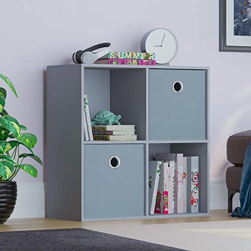 Vida Designs Durham Cube Bookcase Storage Organiser Living Room Bookshelf Home Office Furniture (4 Cube & 2 Grey Baskets, Grey)
