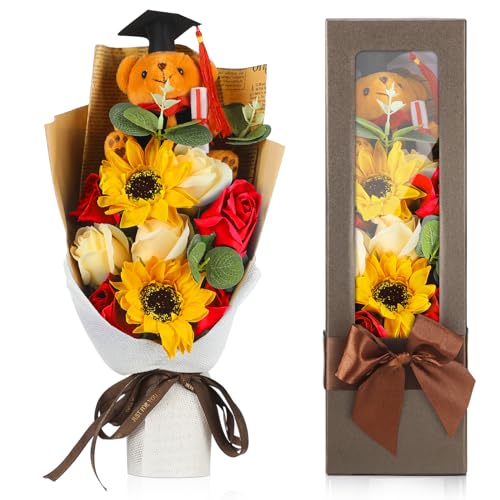 "Swiffen 13"" Graduation Rose Sunflower Scented Soap Flower Bouquet Graduation Artificial Flower Bouquet Mini Plush Graduation Bear Bouquet Floral Arrangements Gift Box for Graduation Party (Red)"