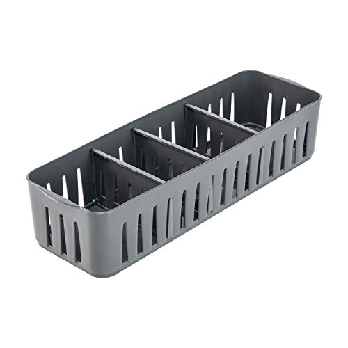 Simplify Stackable Organizer Bin with Adjustable Dividers, 4 Compartment Storage Basket, Good for Office, Home & Dorm, Polypropylene, Grey, 1 Pack