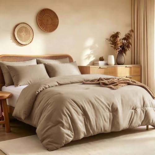 "Quataly California King Comforter Set Prewashed Lightweight Quilted Bedding, All Season Breathable Down Alternative Solid Brown Comforter (104""x90"") with 2 Pillowcases"