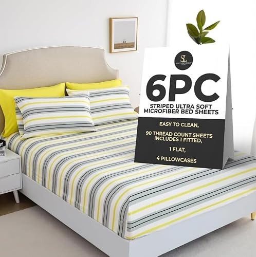 Spirit Linen Home 6-Piece Elegant Bed Sheet Set - Full, Grey/Yellow Stripe - Deep Pocket Soft and Breathable Microfiber Material Bed Sheets with 1 Fitted Sheet, 1 Flat Sheet, and 4 Pillowcases included
