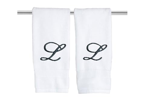 Decorvo White Monogrammed Hand Towels for Bathroom - Luxury Hotel Quality Personalized Initial Embroidered Towel for Powder Room, Spa - GOTS Organic Certified - Pack of 2 Dark Gray, Letter L