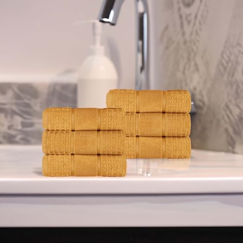 Superior Cotton Hand Towel Set, Zero Twist, Waffle Border, Small Towels, Plush Soft Absorbent Bathroom Basics, Home Essentials, Spa, Salon, Hotel, Kitchen, Luxury Quick Drying, Set of 6, Yellow Gold