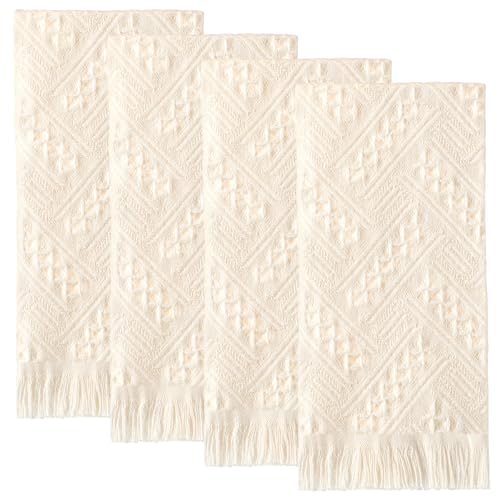 HunnmingRe 4 Pack Boho Hand Towel for Bathroom Kitchen 14x30 Inch 100% Turkish Cotton Summer Boho Decorative Towel Waffle Farmhouse Bathroom Decor Absorbent Soft Guest Gift(Cream White)