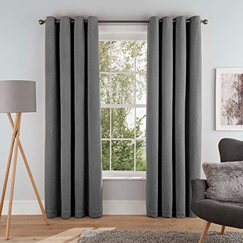 "Sleepdown Super Soft Teddy Fleece Eyelet Lined Curtains for Bedroom and Living Room, Grey - 2 Panels, 2 x 90"" x 90"""