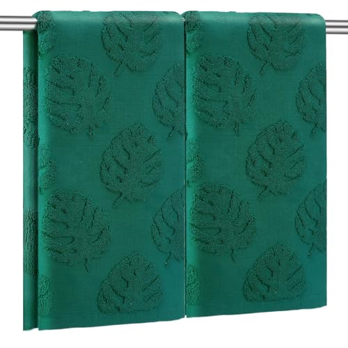 SmoothNovelty 2pcs Monstera Leaves Hand Towels for Bathroom 100% Cotton Jacquard Weave Bath Towel Absorbent Dish Washcloth for Bathroom Kitchen Beach Summer Plant Gifts 13.8 x 29.5 Inch (Dark Green)