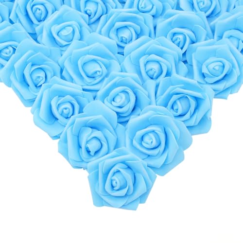 IPOPU Artificial Rose Flower Heads, 100 Pcs Real Looking Sky Blue Foam Fake Roses for DIY Wedding Baby Shower Centerpieces Arrangements Party Tables Home Decorations (Sky Blue, Stemless)