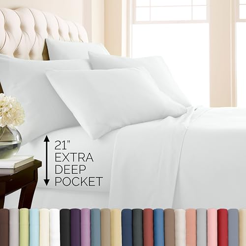 Southshore Fine Living, Inc. 6-Piece White Sheets, Queen Size Set, 21-Inch Deep Pocket Queen Sheets Set with Deep Pocket Fitted Sheet, Oversized Flat Sheet, 4 Standard Pillowcases, White