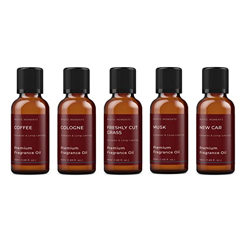 Mystic Moments - HIS Fragrance Oil Starter Pack - 5x50ml - Five scents: Coffee, Cologne, Freshly Cut Grass, Musk and New Car for candles, wax melts and soaps.