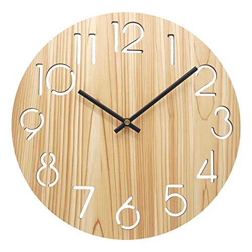 Vihimi 12 Inch Wooden Wall Clock - Maple Wood Grain, Non-ticking Silent Quartz, Simple Large Number Round Design