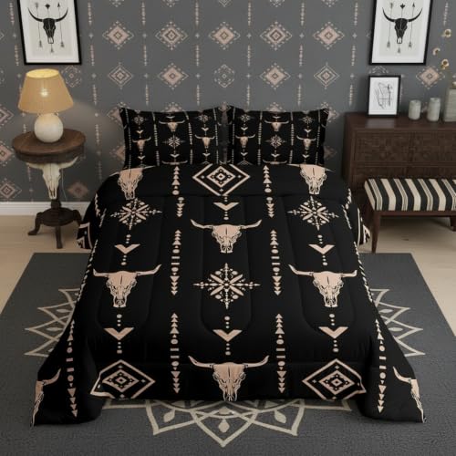 Erosebridal Bull Skull Bed Comforter Set Full Boho Bedding Ethnic Horns Bohemian Comforter Sets Brown Tribal Symbol Mysterious Aztec Bedroom Decor Abstract Geometric Duvet Insert for Men Boys