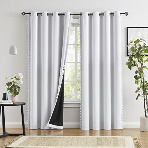 "Jubilantex Greyish White Blackout Curtains 84 inches Long with Pom Pom Decorated Window Treatments 2 Panels for Bedroom Living Room,52"" x 84"",2 Panels"