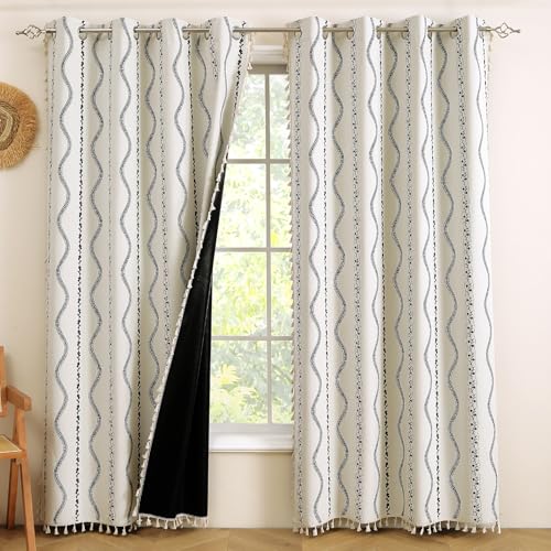 ColorBird 100% Boho Blackout Curtains Floral Thermal Insulated 96 Inch 2 Panels Set Southwest Linen Texture Black Out Western Black and White Curtain Drapes for Bedroom Living Room