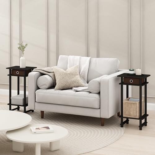 Furinno MODERN Side Table Set of 2, 3-Tier End Table with Storage Bin, Open Shelf Night Stand, Bedside Table, for Living Room, Bedroom, Black Espresso