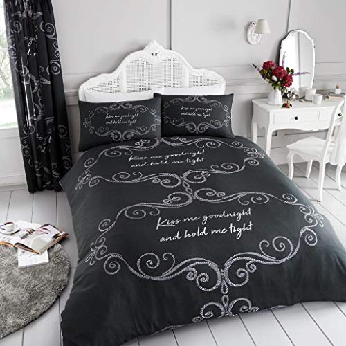 Gaveno Cavailia Luxurious GOOD NIGHT Bed Set with Duvet Cover and Pillow Cases, Polyester-Cotton, Charcoal, Single