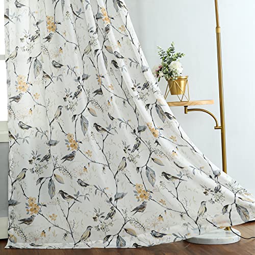 VOGOL Botanical Birds Print Sheer Curtains, 52 x 84, Grey, 1 Panel, Gray - Soft Smooth Feel, Airy Window Drapes, Nature Inspired Design, for Living Room and Dining Room Windows