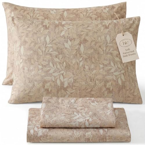 HLC.ME Leaves Printed Floral Bed Sheets - 4 Piece Patterned Bed Sheet Set - Wrinkle Resistant & Ultra Soft - Fits Mattresses up to 15 Inches Deep (Full, Taupe)