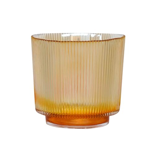 Ivyline Round Candle Holder in Amber Glass with Ribbed Design - Elegant Table Centrepiece - Modern Home Decoration - H14 x W15 cm