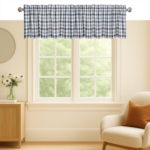Softopia Cotton Light and Dark Grey Natural Gingham Valance Curtains, 2 Pack 54x18 Inches, 100% Cotton Farmhouse Plaid Window Valances with Rod Pocket for Kitchen, Living Room, Bedroom and Bathroom