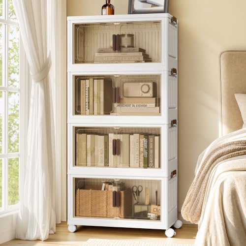 SONGMICS Storage Boxes with Lid, 4-Tier Stackable Organiser with 1 Lid - Plastic Bins on Wheels, Magnetic Door, Home Organisation, White, 55 L per Tier, 220 L Total, Dennys Collection RLB460WZ01