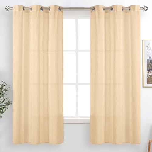 BGment Linen Look Semi Sheer Curtains for Bedroom, Grommet Light Filtering Casual Textured Privacy Curtains for Living Room, 2 Panels (Each 42 x 63 Inch, Beige)