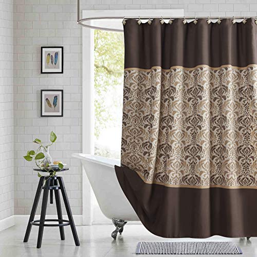 "BESTRIPES Long Fabric Shower Curtain, Brown Damask Print Cloth Shower Curtains for Bathroom, Waterproof Bathroom Curtains, 78"" W x 78"" H"
