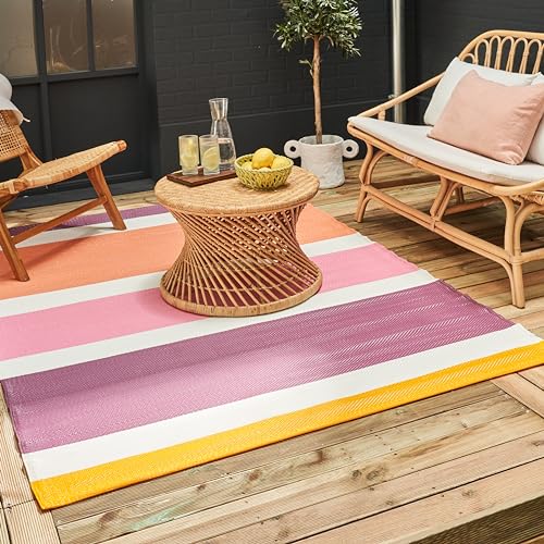 THE RUGS Rainbow Collection Outdoor Rug - Easy to Clean, Waterproof Plastic Outdoor Rugs for Garden, Patio, Balcony, Camping - Vibrant Plastic Straw Rug - Striped Pink/Orange, 150x220