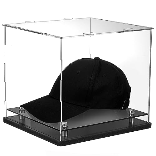 Barydat Clear Hat Display Case 8.6 x 7.8 x 7.8 Inch Crystal Acrylic Baseball Hat Box with Stainless Steel Risers Memorabilia Helmet Display Holder Stand
