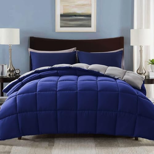 Decroom Lightweight California King Comforter Set with 2 Pillow Sham - 3 Pieces Set - Quilted Down Alternative Comforter/Duvet Insert for All Season - Blue/Grey - Cal King Size