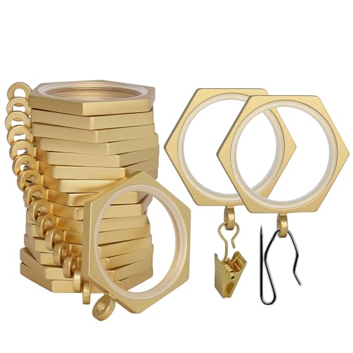 "BlastHome?? Luxury Curtain Rings - Premium Metal with Quiet, Smooth, Removable Nylon Inserts - Pinhooks and Clips Included - 1 1/2"" Inside Diameter - 18 Rings for Two Standard Curtains - Brushed Gold"