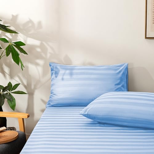 NookZuzu King Cotton Stripe Fitted Sheet & Pillowcase Set,Blue,3 Piece - Organic Cotton,Deep Pocket,NO Flat Sheet Included,Soft and Cooling,Including 1 King Blue Fitted Sheet & 2 Pillowcase