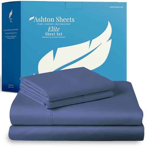 "Ashton Sheets 100% Egyptian Cotton Sheets King Size - 800 Series Elite Collection Egyptian Cotton Bed Sheet Set (4 PC, Deep Blue), Soft, Cooling, 16"" Deep Pocket Sateen Weave Luxury Hotel Bedsheet"