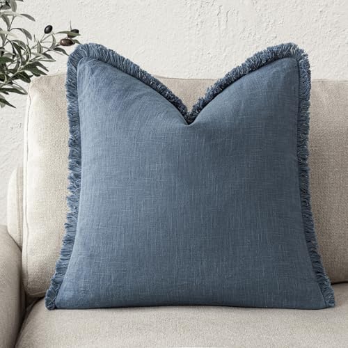Foindtower Decorative Linen Fringe Throw Pillow Covers Cozy Boho Farmhouse Cushion Cover with Tassels Accent Pillowcase for Chair Sofa Bed Living Room Home Decor, 20??20 Inch,1PC,Dark Blue