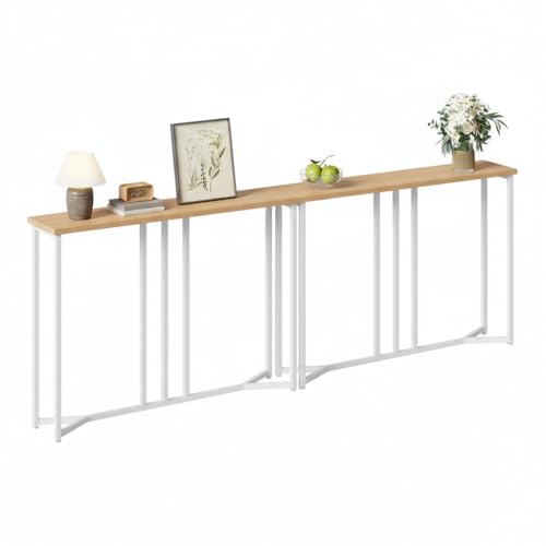 YITAHOME Set of 2 Console Table, 100cm Slim Console Table for Hallway, Metal Frame, Compact Display Table, Sofa Table for Small Spaces, Entryway, Living Room, Sturdy, Natural Wood Color and White