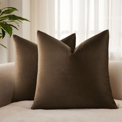 Brown 22x22 Velvet Throw Pillow Covers Set of 2 for Couch Sofa Bed - for Couch Bed Sofa Chair Living Room Bedroom,Luxury Modern Home Decor,Invisible Zipper,Cozy Soft Square Cushion Covers