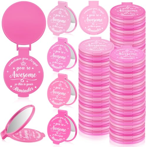 Gulfmew 100 Pcs 2.76 Inch Inspirational Pocket Mini Compact Mirror Bulk Portable Folding Makeup Mirror for Adult Women Party Favors Daily Small Gifts for Travel Thanksgiving Christmas (Pink Series)