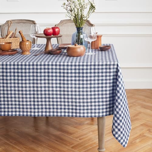 Solino Home 100% Pure Linen Rectangular Tablecloth Navy Check, 60 x 108 in - Gingham Check, protects and styles the table for daily use, European flax fibres, made for years of use, OEKO-TEX Certified