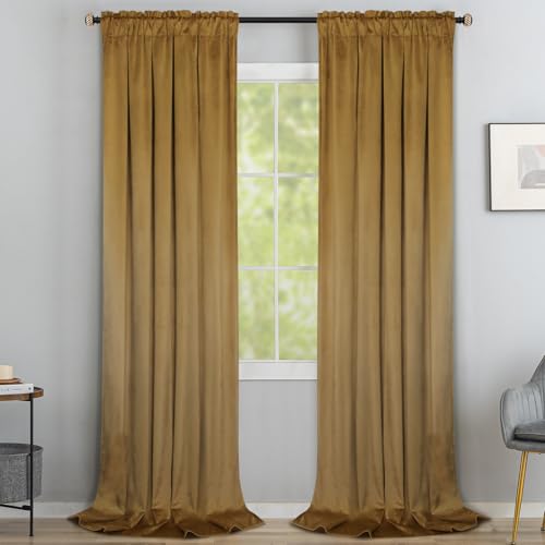 Yakamok Gold Brown Room Darkening Velvet Curtains 96 Inch Living Room - Luxury soft velvet, 2 panels 40x96 inch, for bedroom study, window drapes rod pocket,light blocking,Thermal Insulated