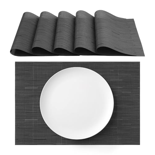 AGYO Set of 6 Place Mats Washable Placemats, Non Slip Placemats, Black/Charcoal for Kitchen and Dining Room