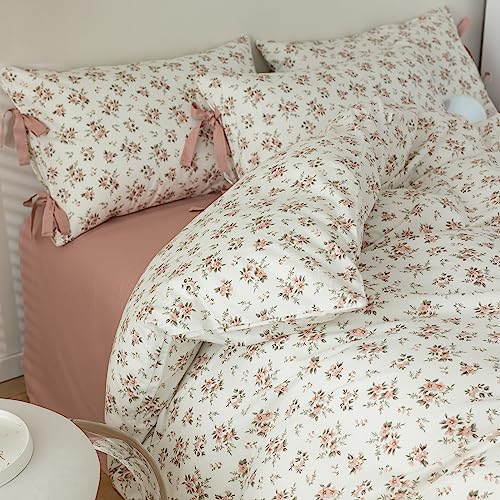 mixinni 3pcs Boho Floral Comforter Set Full Size, Garden Style Pink White Flower Leaves Bedding Comforter Sets for Women, 1 Soft Aesthetic Comforter and 2 Bow tie Pillowcases for All Seasons