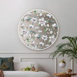 "MirrorOutlet The Typis - White Metal Frame Edged Modern Round Circular Edge Wall Mirror With Flower Printed Decal 31""x31"" (80CM X 80CM) Silver Mirror Glass with White Frame"