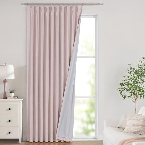 "Vision Home Soft Pink Pinch Pleated Full Blackout Curtains Linen Blended Room Darkening Window Panels 108 inch for Living Room Bedroom Thermal Insulated Pinch Pleat Drapes with Hooks 60"" Wx108 Lx1"
