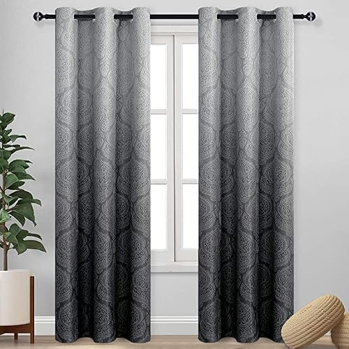 DWCN Ombre Blackout Curtains for Bedroom - Damask Patterned Thermal Insulated Energy Saving Grommet Curtains for Living Room, Set of 2 Gradient Window Curtain Panels, 36 x 84 Inches Long, Black