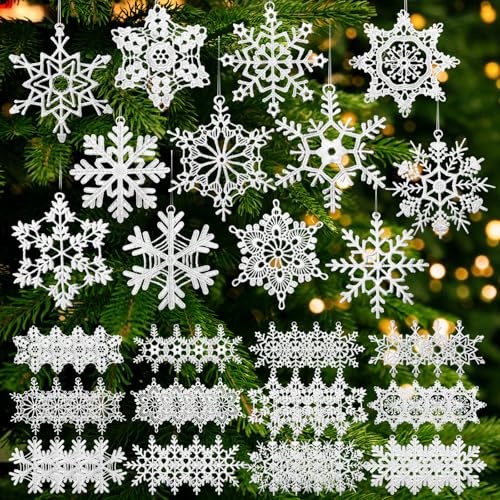 HunnmingRe 48 Pcs Christmas Crochet Snowflake Ornaments Winter Crocheted Snowflake Bulk 12 Styles Hanging Decor for Winter Decorations Tree Wall Holiday Party Woven Gift(White)
