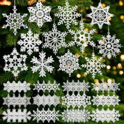 HunnmingRe 48 Pcs Christmas Crochet Snowflake Ornaments Winter Crocheted Snowflake Bulk 12 Styles Hanging Decor for Winter Decorations Tree Wall Holiday Party Woven Gift(White)